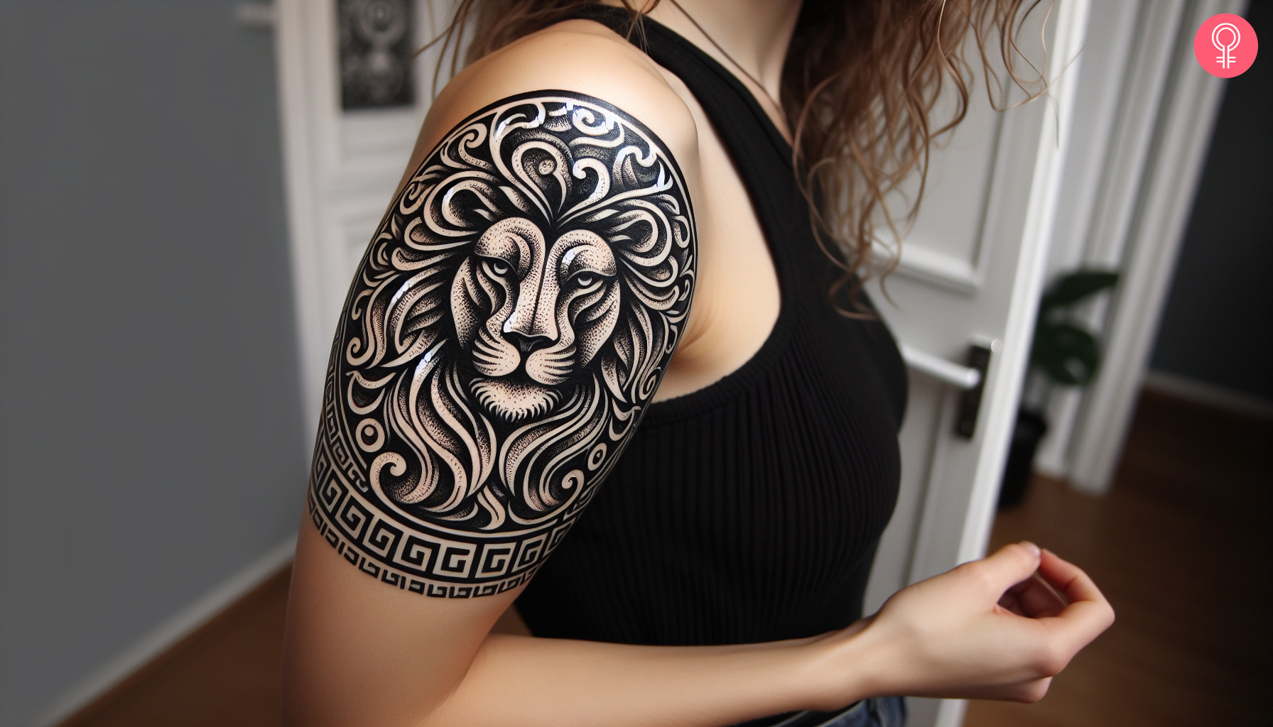 A black and white tattoo featuring a lion with the labyrinth pattern at the bottom