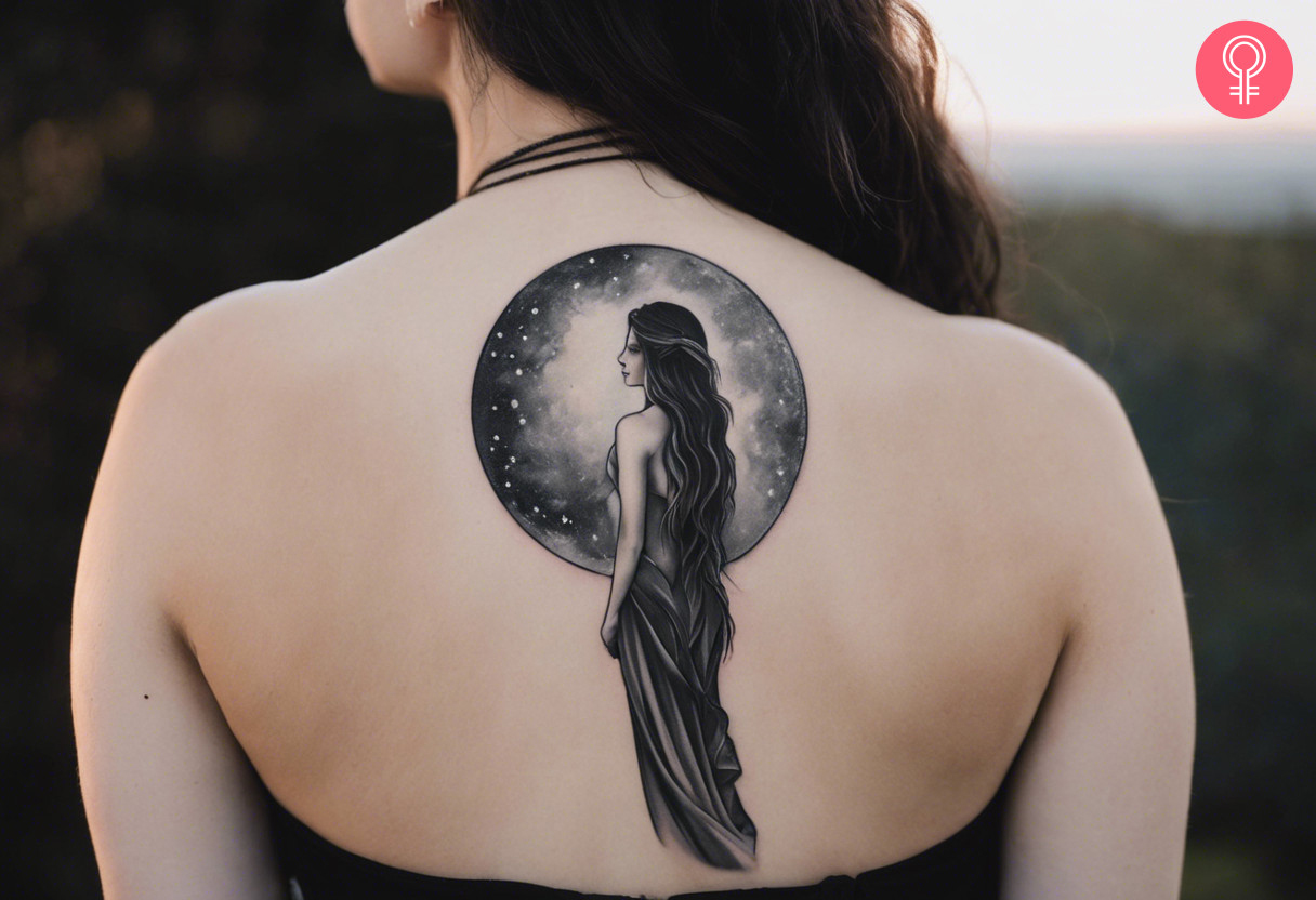 Goddess Nyx with a large moon depicting the night sky