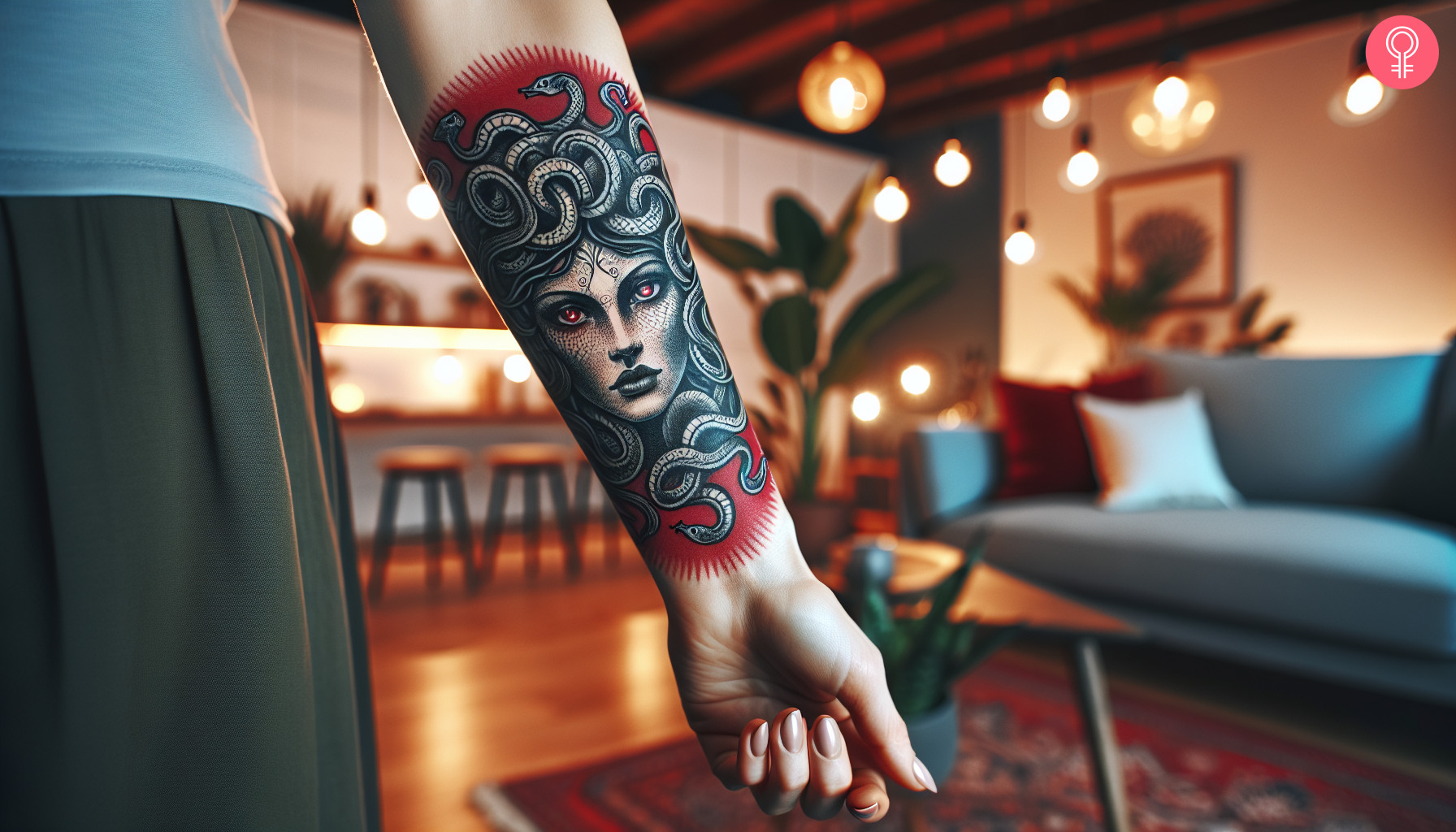 Medusa tattoo on the forearm of a woman