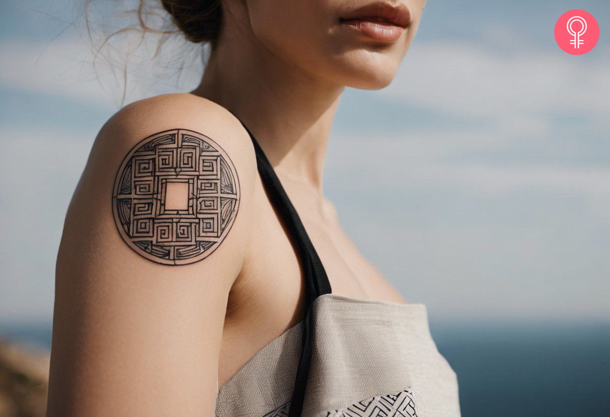A circular Greek pattern tattoo featuring a labyrinth