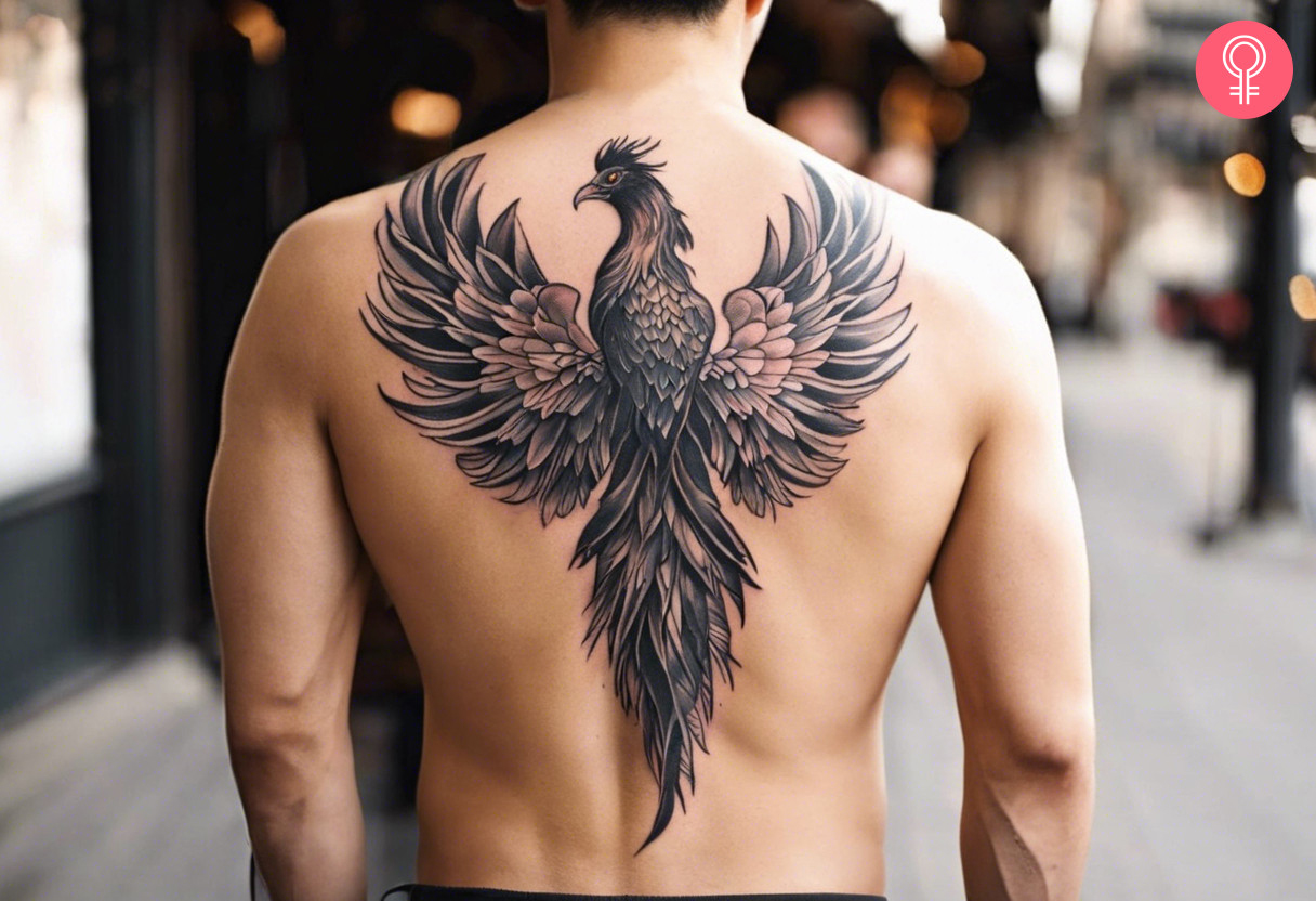 An aesthetic phoenix tattoo on the back of a man