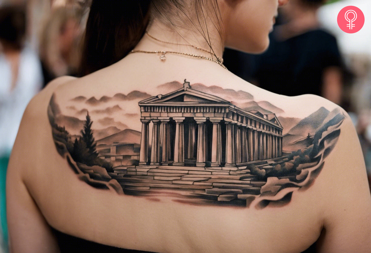 An elaborate temple tattoo on the upper back