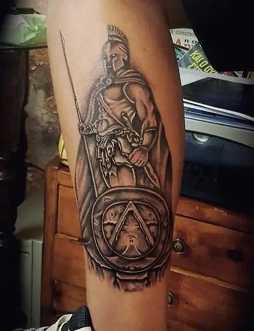 Greek mythology warrior tattoo on leg