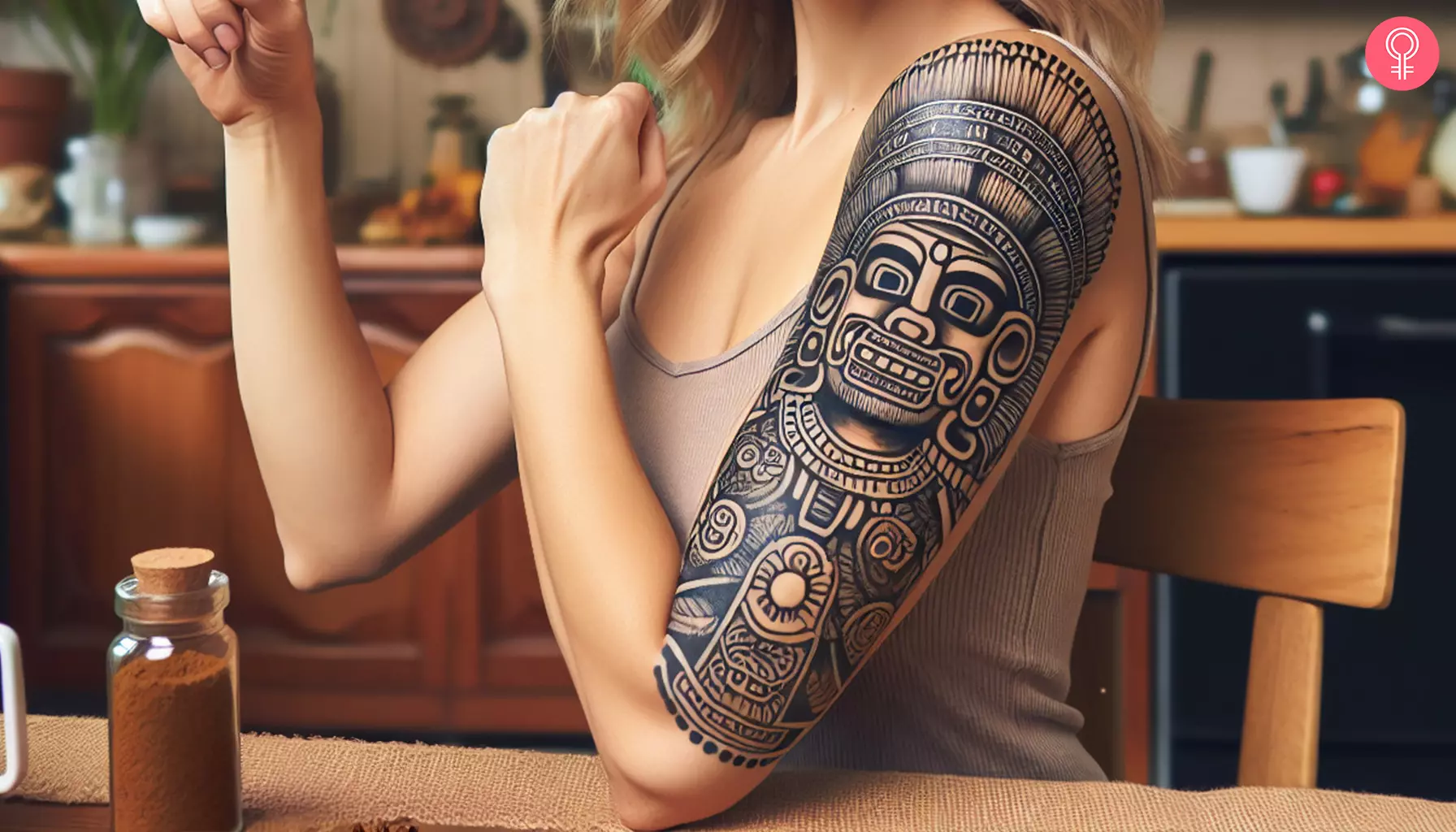 A Guatemalan Mayan warrior tattoo on a woman’s upper arm
