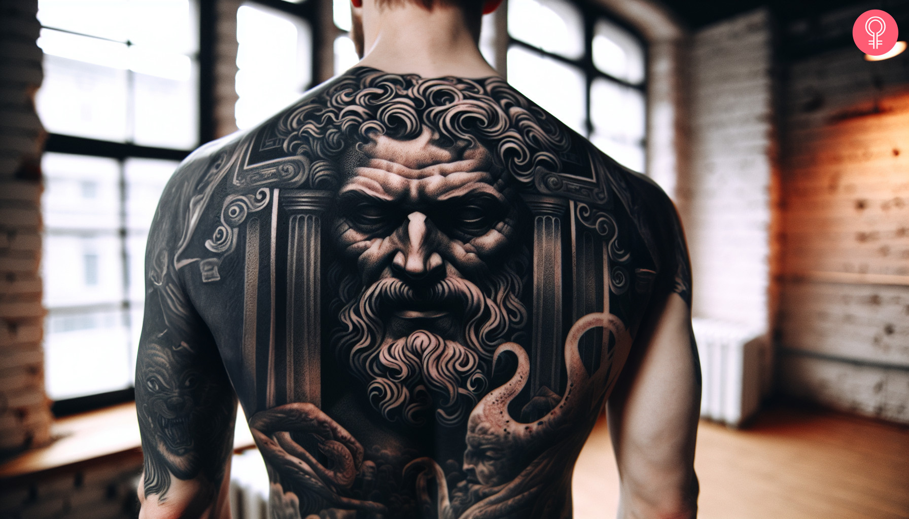 A realistic and elaborate portrait of Hades on the back