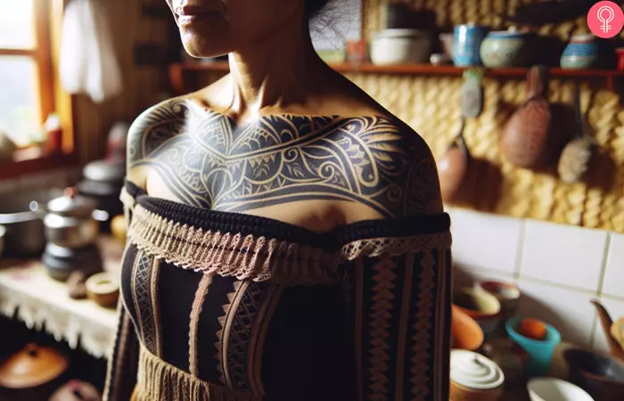 A Hawaiian tattoo on a woman’s chest