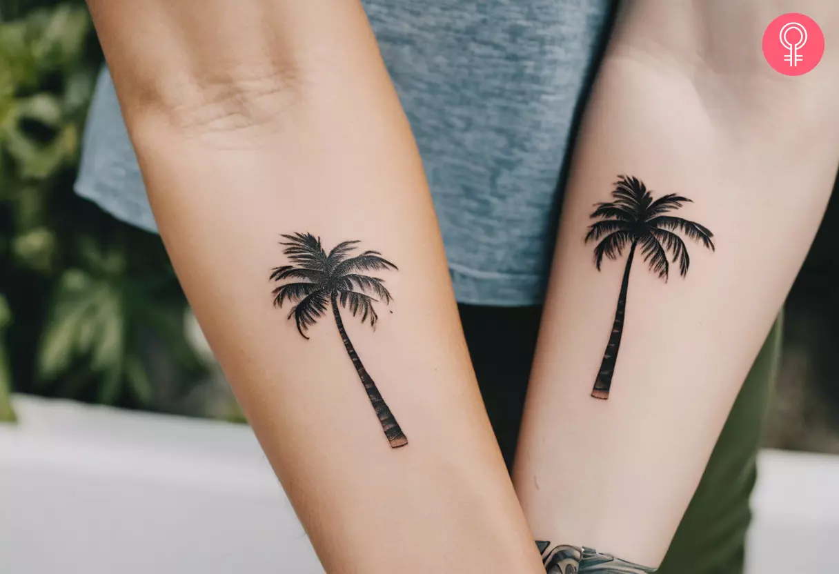 Matching Hawaiian couple tattoos on their forearms