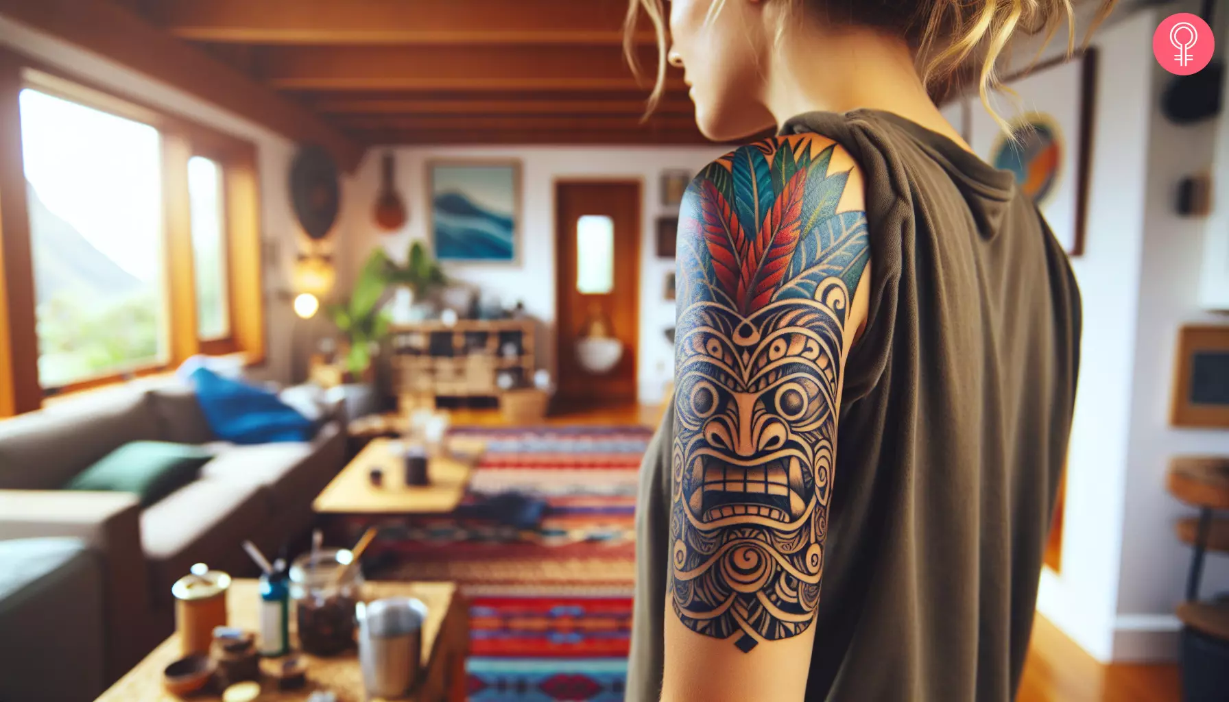 A Hawaiian god tattoo on a woman’s upper arm