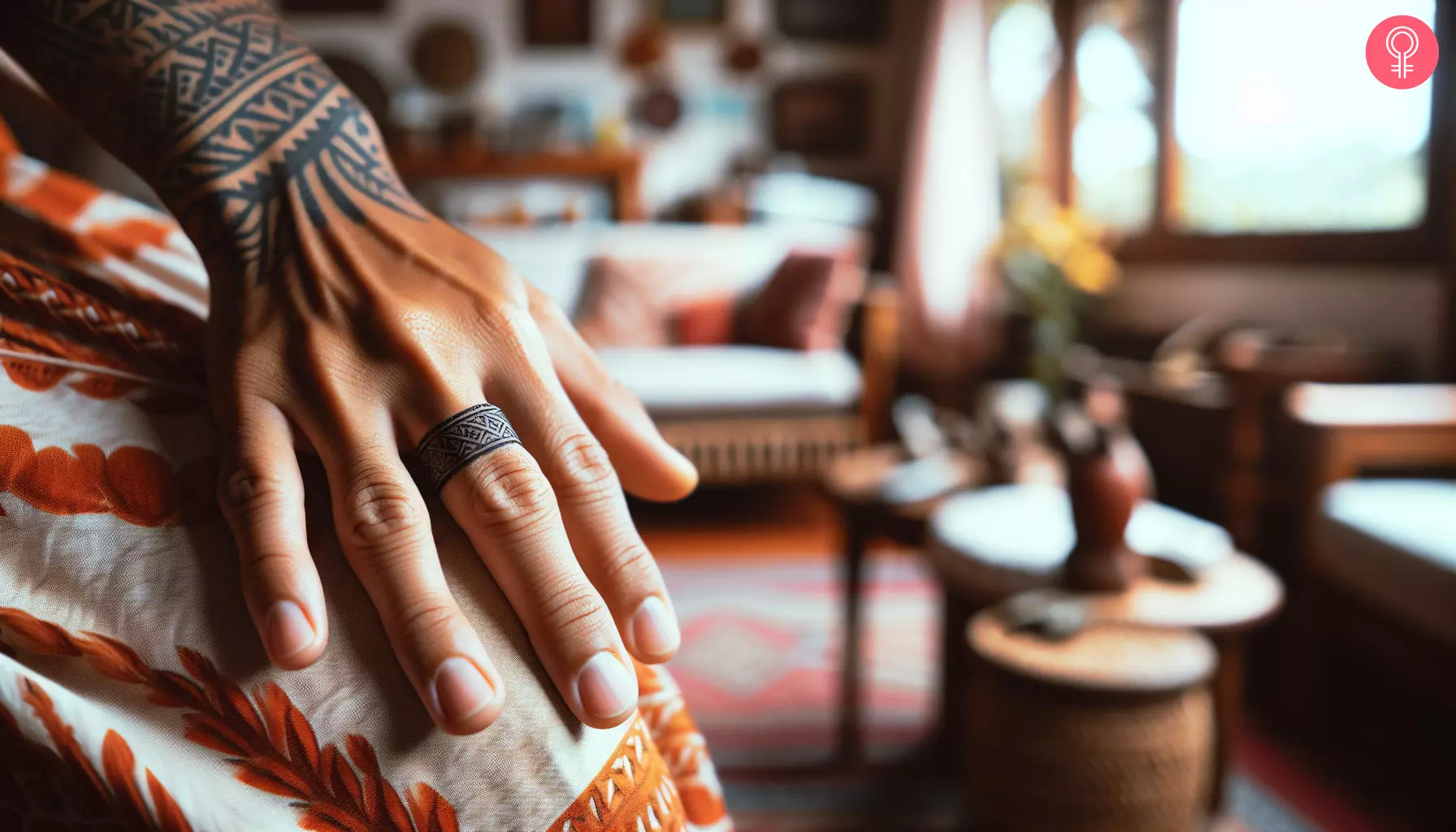 A Hawaiian ring tattoo on a woman’s finger