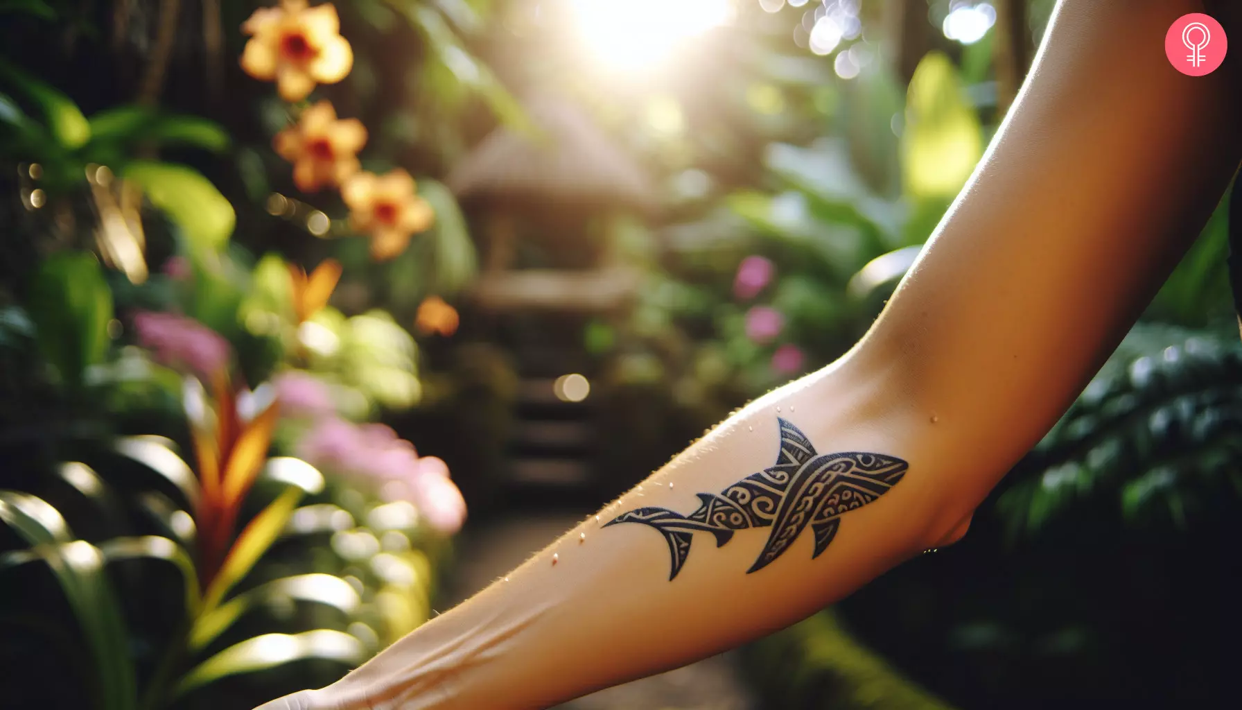 A Hawaiian shark tattoo on a woman’s forearm