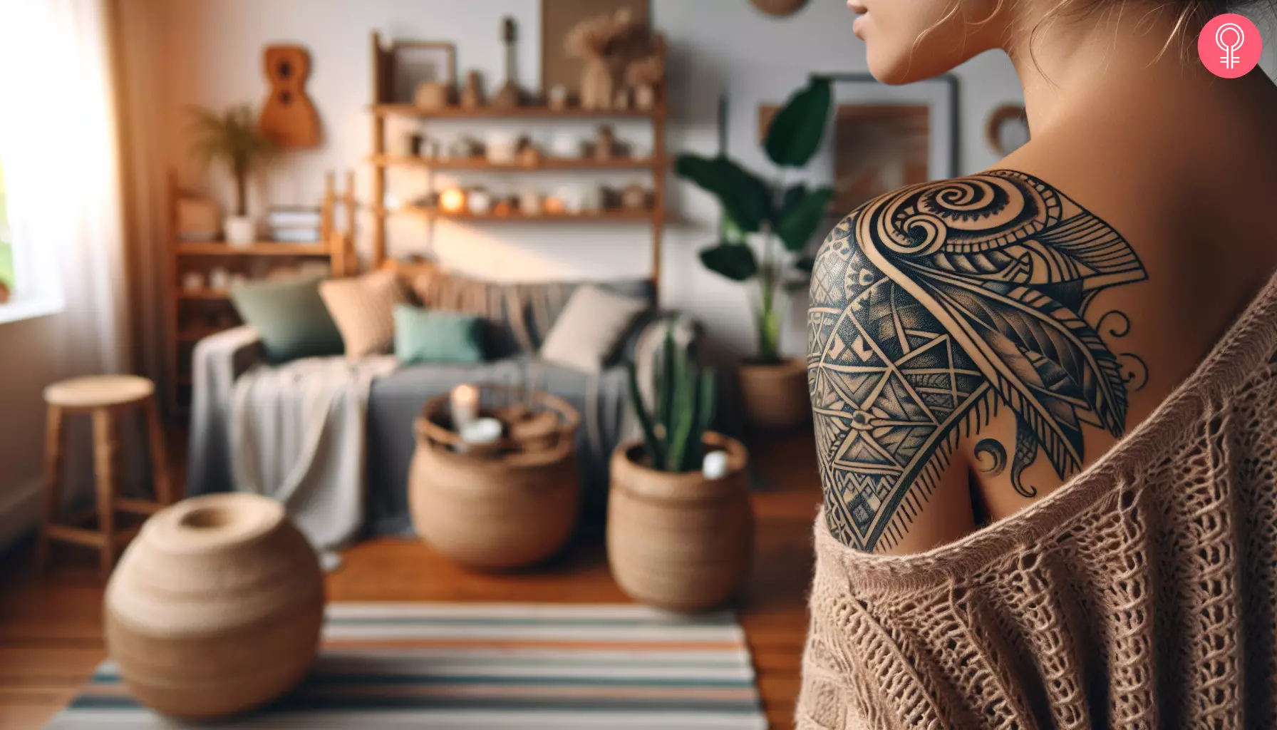 A Hawaiian tattoo on a woman’s shoulder