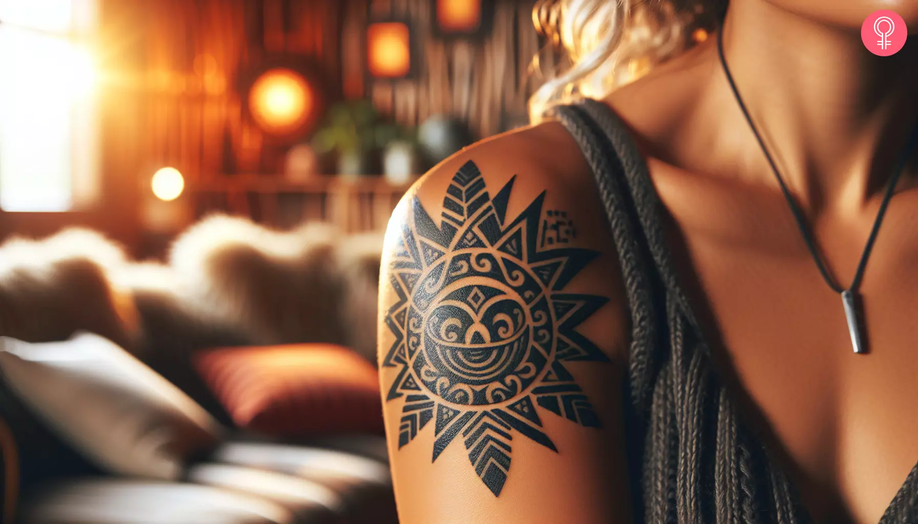 A Hawaiian sun tattoo on a woman’s upper arm