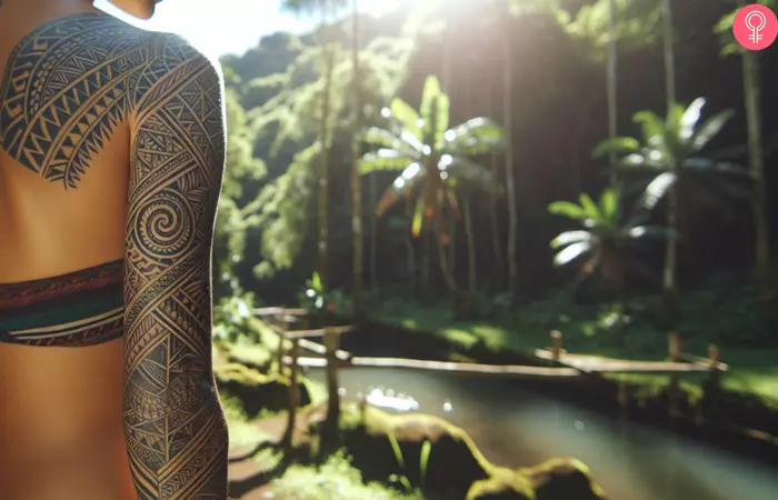 A Hawaiian warrior tattoo on the back and arm