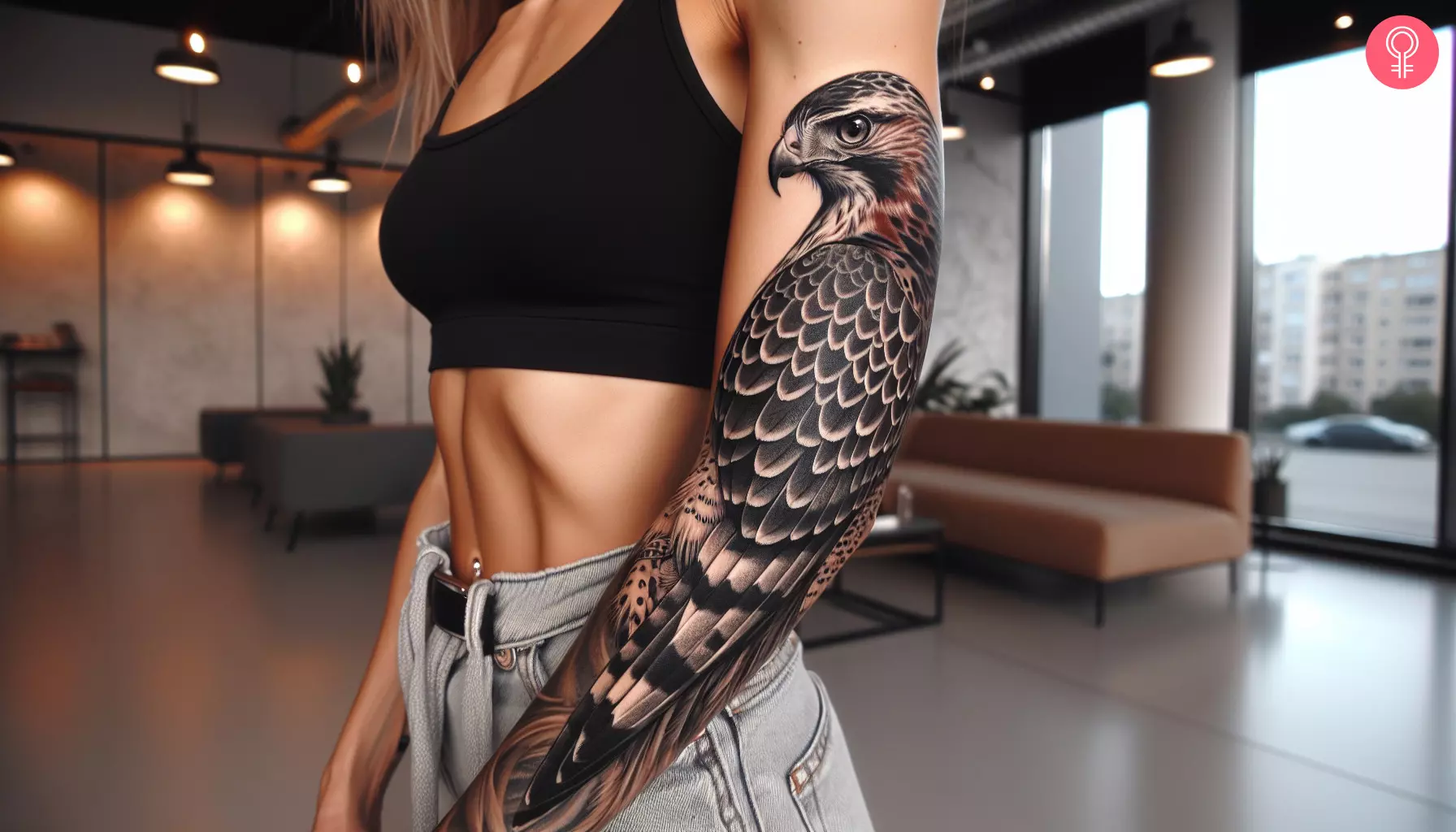 Hawk bird tattoo design on the arm of a woman
