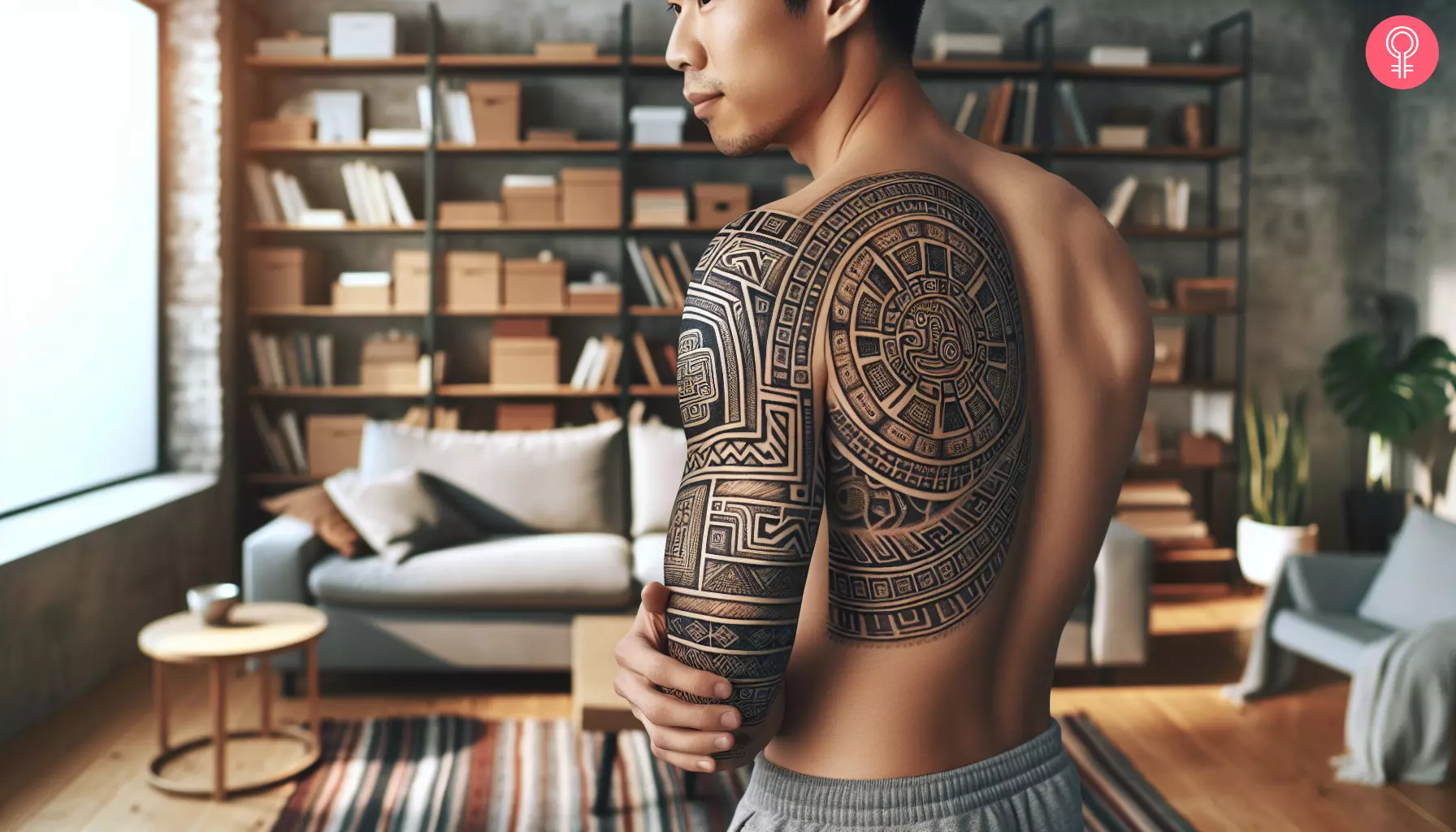 An intricate geometric Mayan tattoo design on a man’s upper back and arm