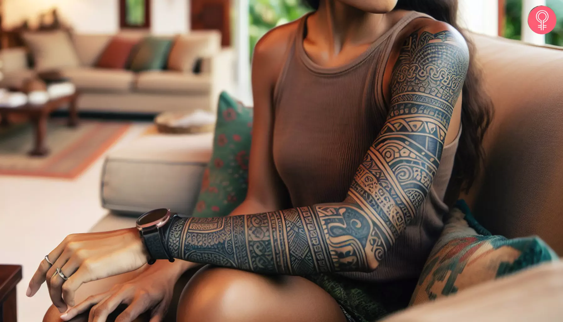 An intricate Mayan tattoo sleeve