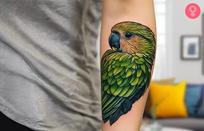 Kakapo bird tattoo design on the forearm of a woman