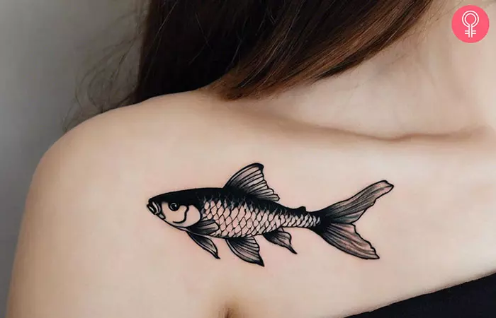 Koi fish black and white tattoo on the front shoulder