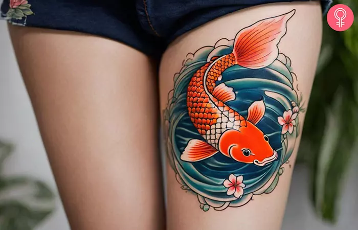 Koi fish tattoo on the thigh