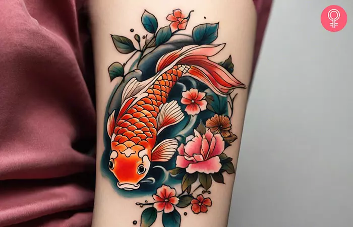 Koi fish with flowers tattoo on the upper arm