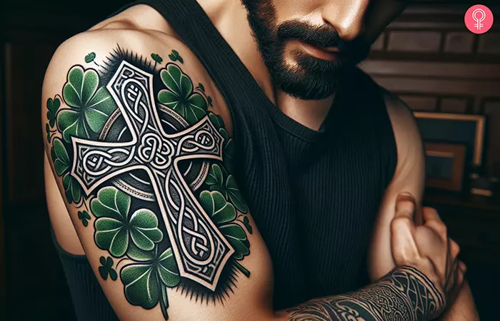 Man-with-a-tattoo-of-the-Celtic-Cross-and-a-shamrock