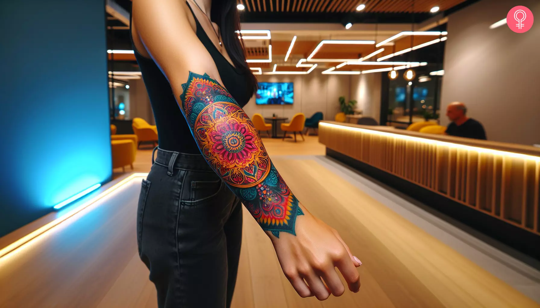 Mandala tattoo design on the forearm of a woman