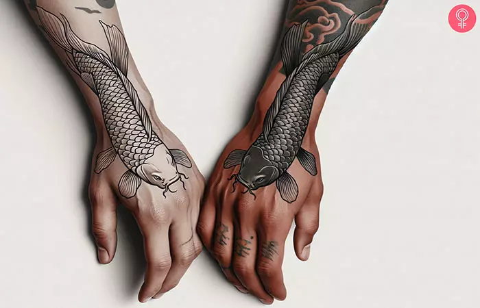 Matching Koi fish tattoo on the hands