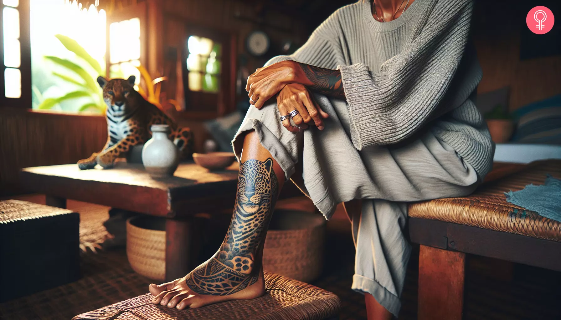 A Mayan Animal tattoo on a woman’s leg