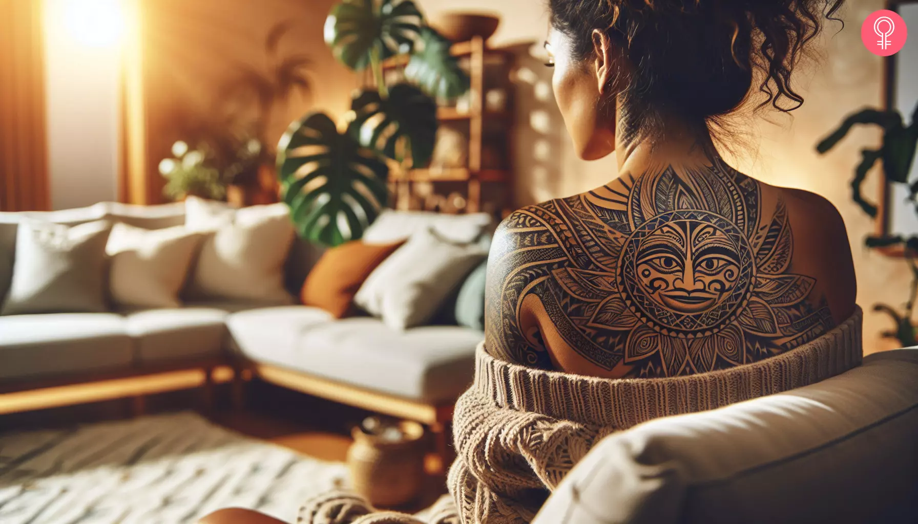 A Mayan tattoo on a woman’s back