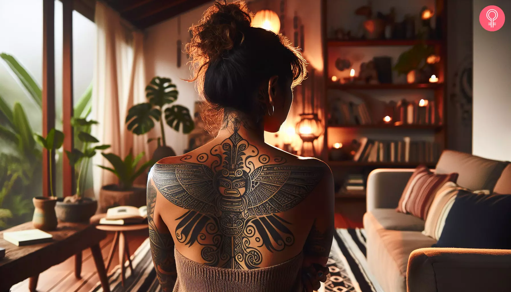 A Mayan bat tattoo on a woman’s back