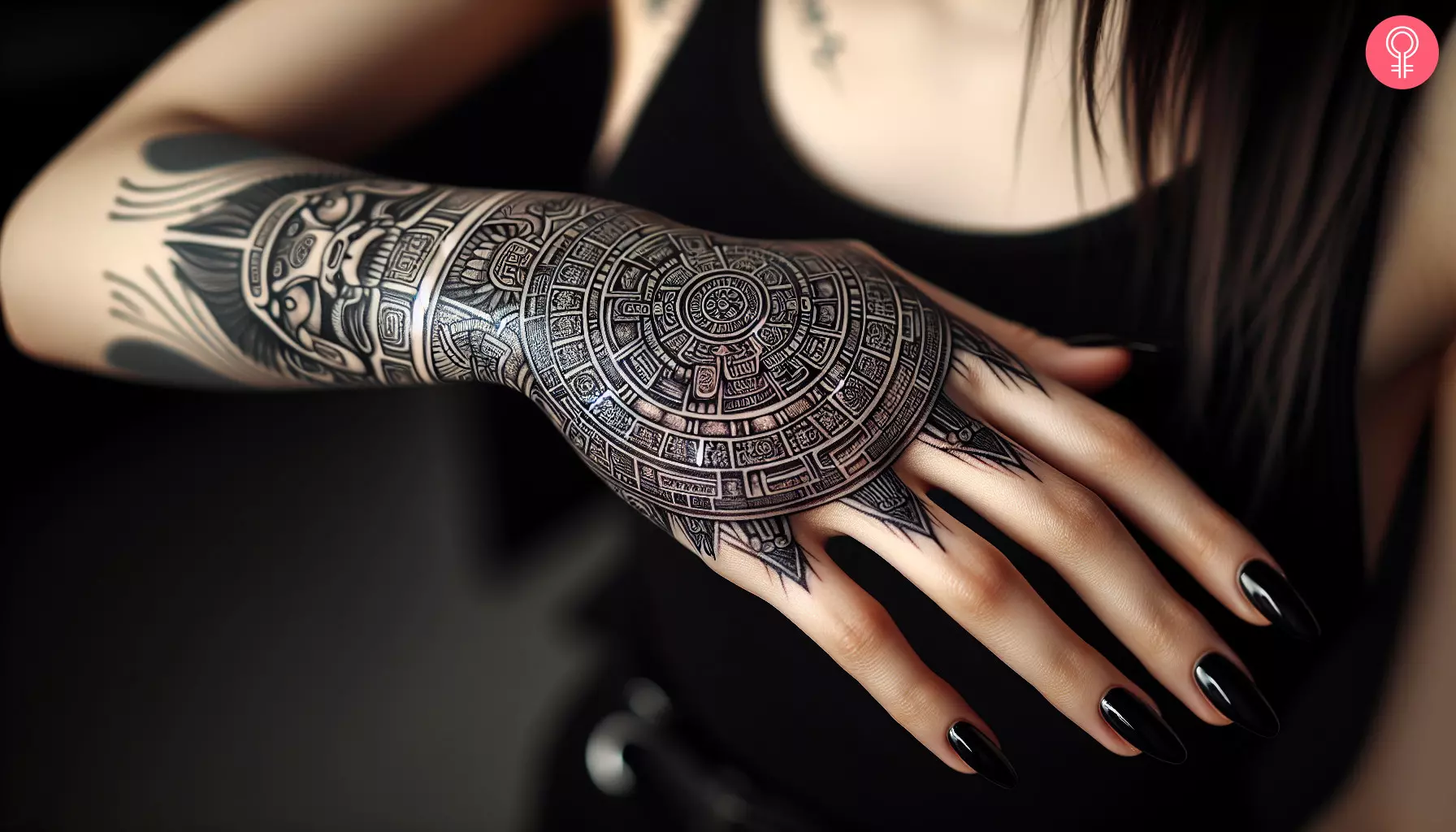 A Mayan calendar tattoo on a woman’s hand