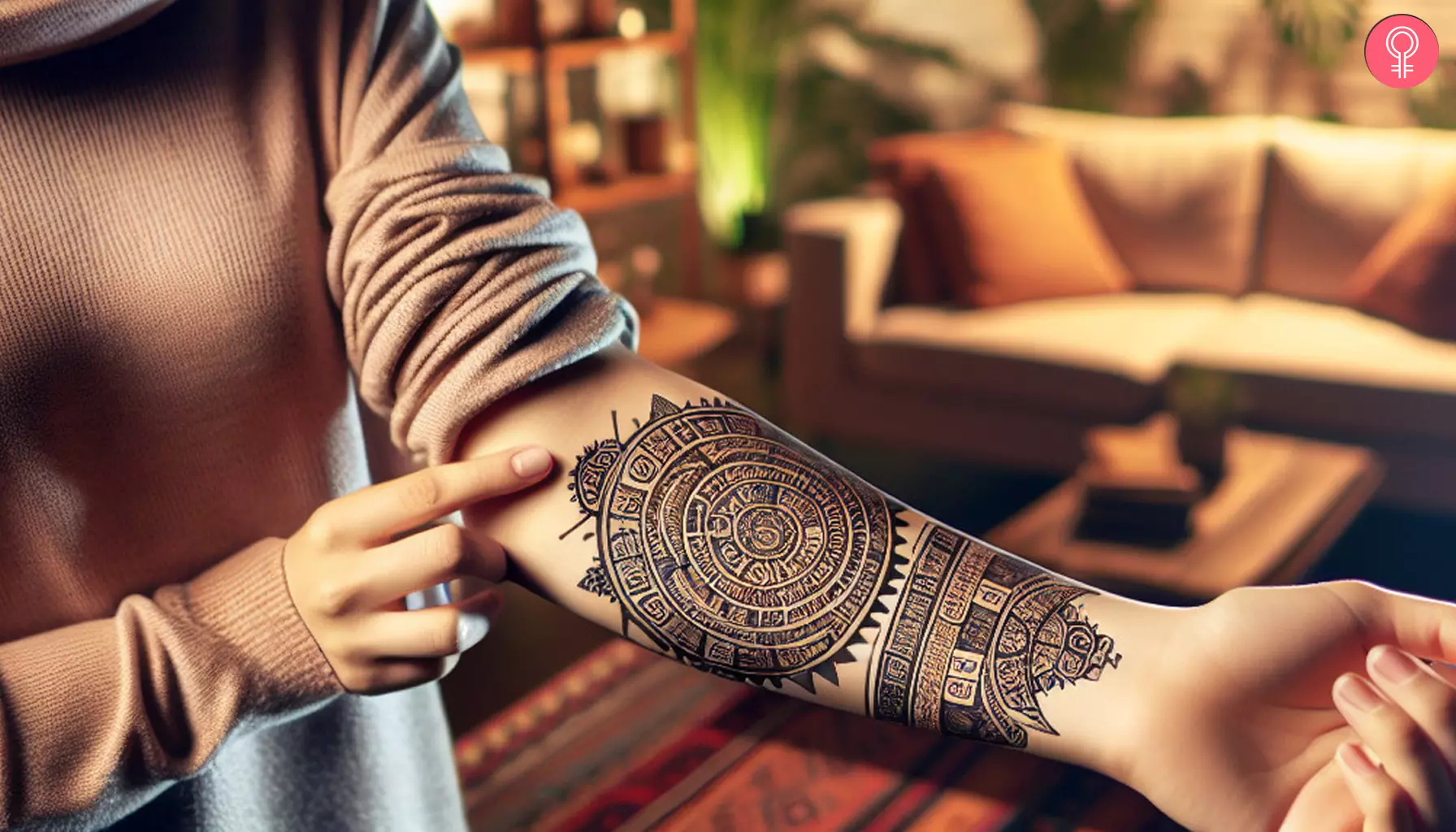 A Mayan calendar tattoo on a woman’s arm