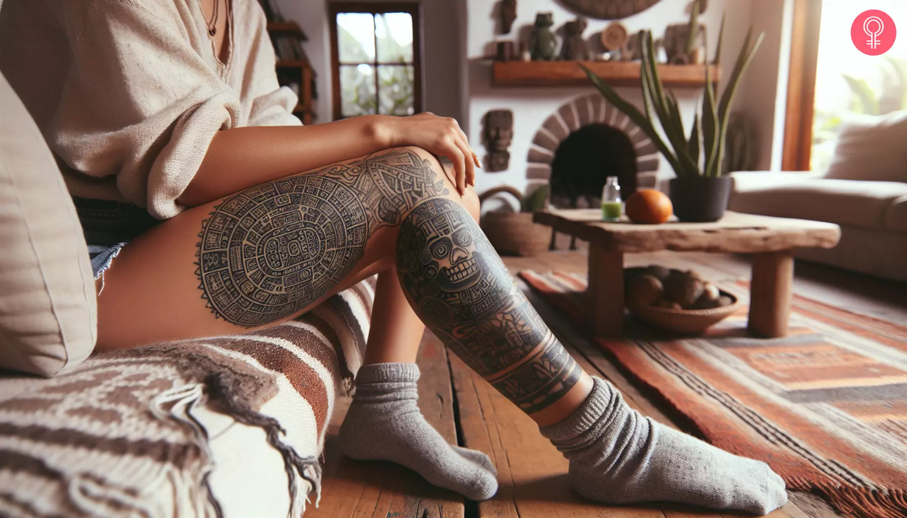 A Mayan calendar tattoo on a woman’s leg