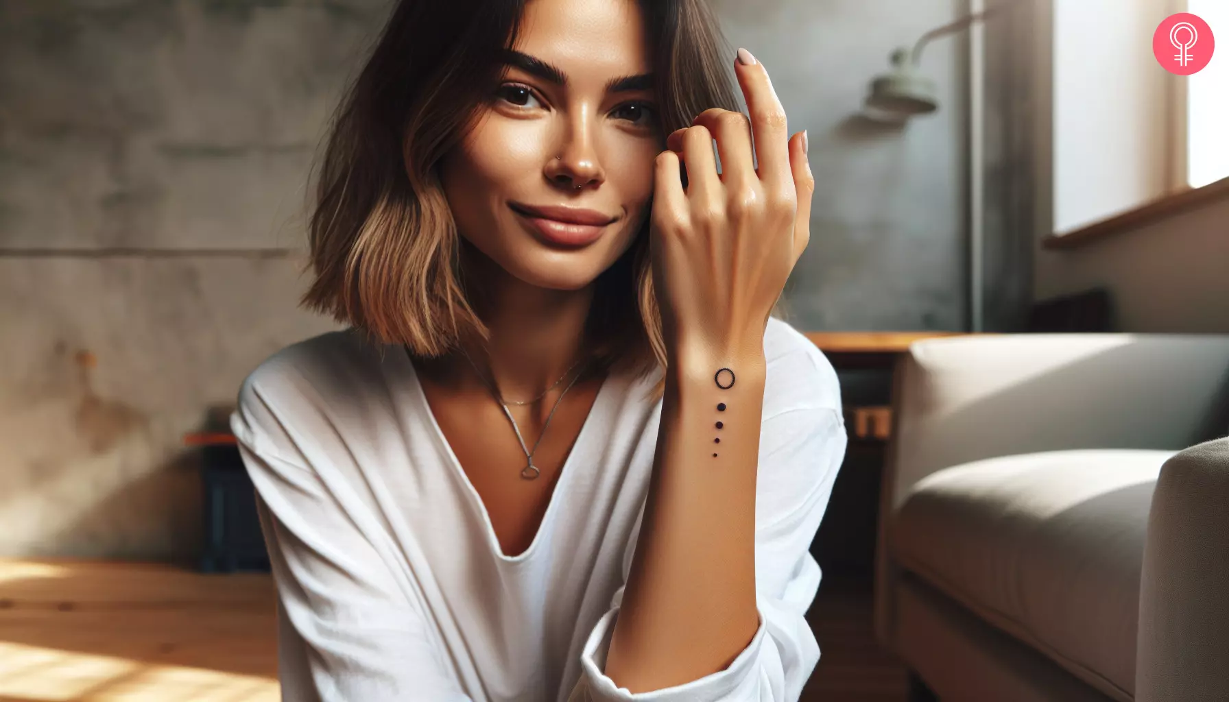 A Mayan earth symbol tattoo on a woman’s wrist