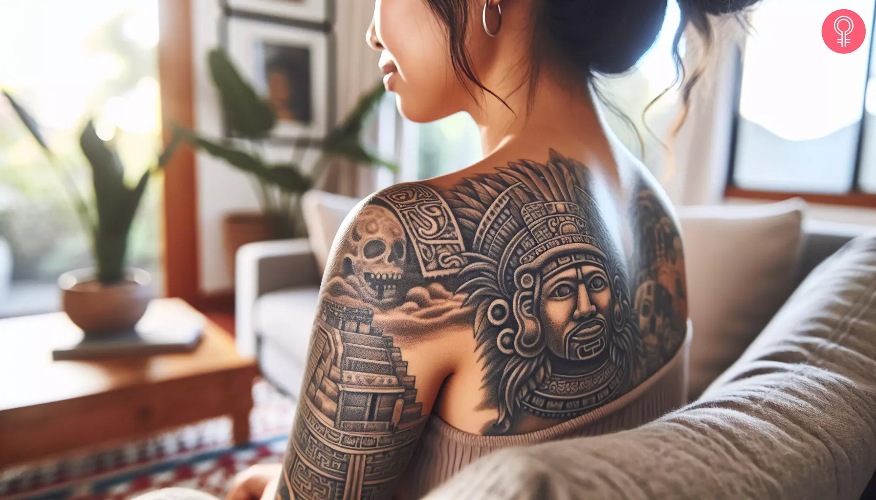 A Mayan emperor tattoo on a woman’s upper back