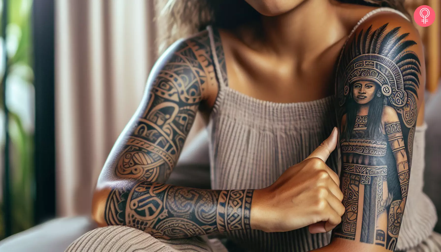 A Mayan female warrior tattoo on a woman’s arm
