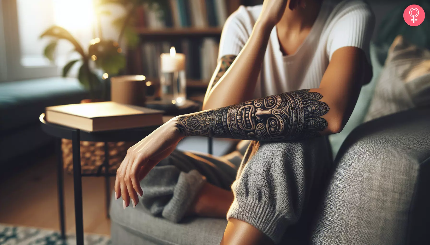 A Mayan mask tattoo on a woman’s forearm