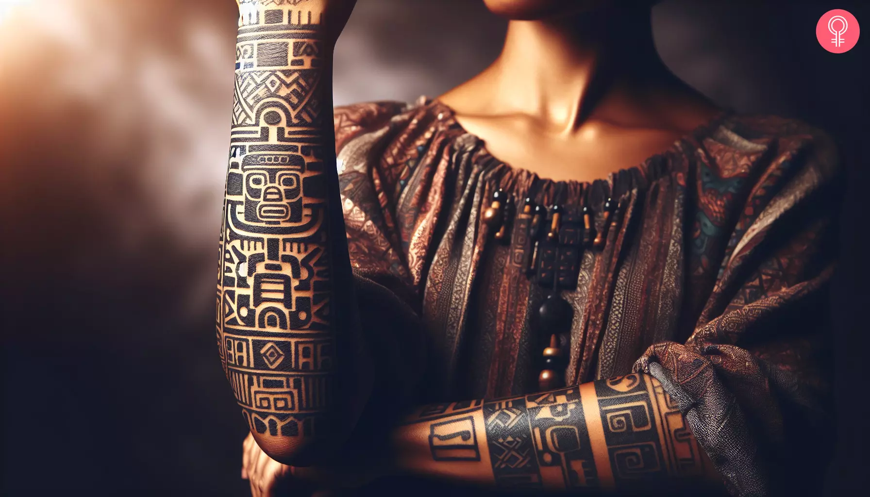 A Mayan glyph tattoo on a woman’s arm