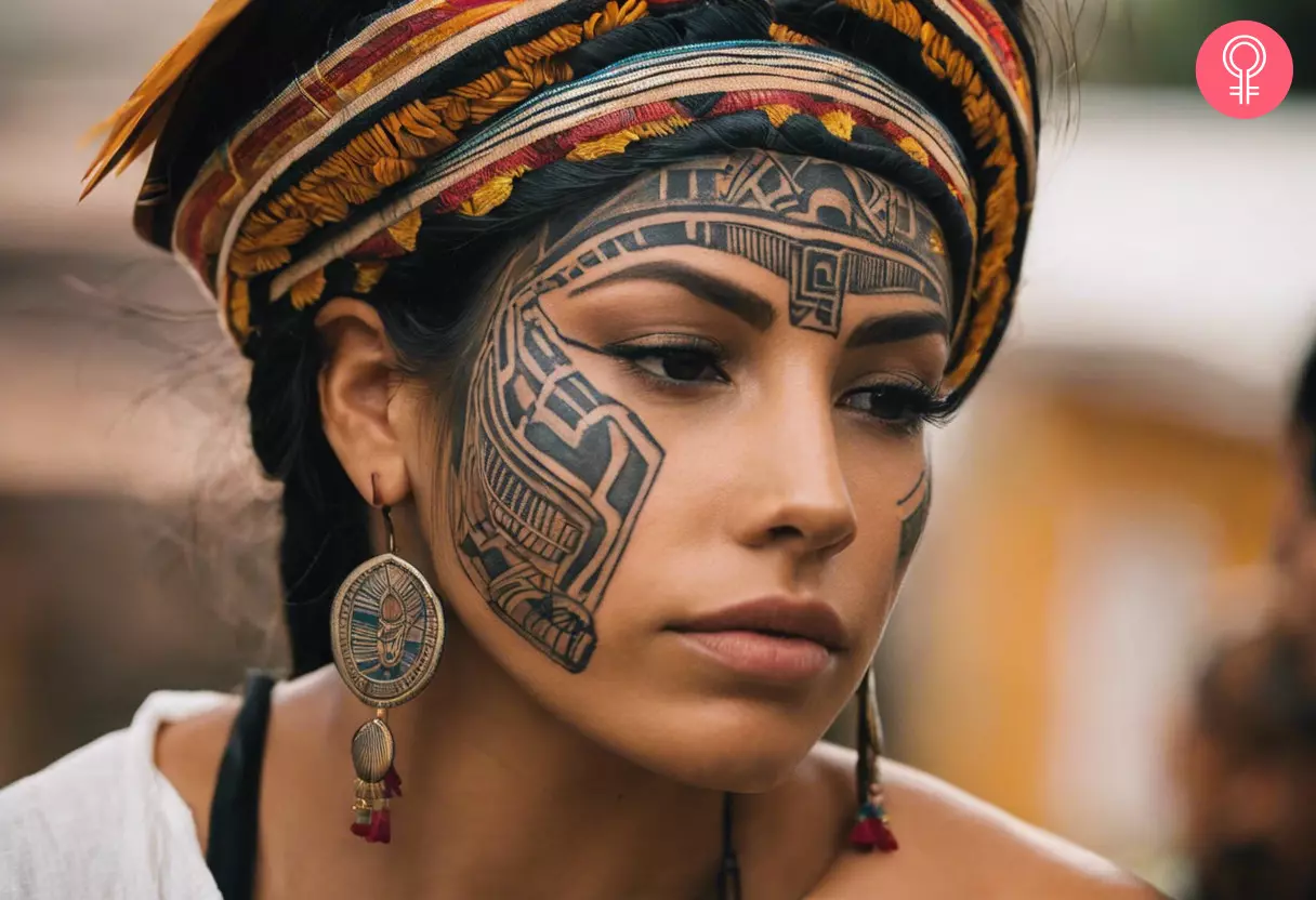 A Mayan head tattoo on a woman’s forehead