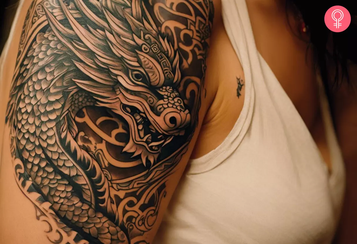An Aztec Mayan tattoo on a woman’s arm