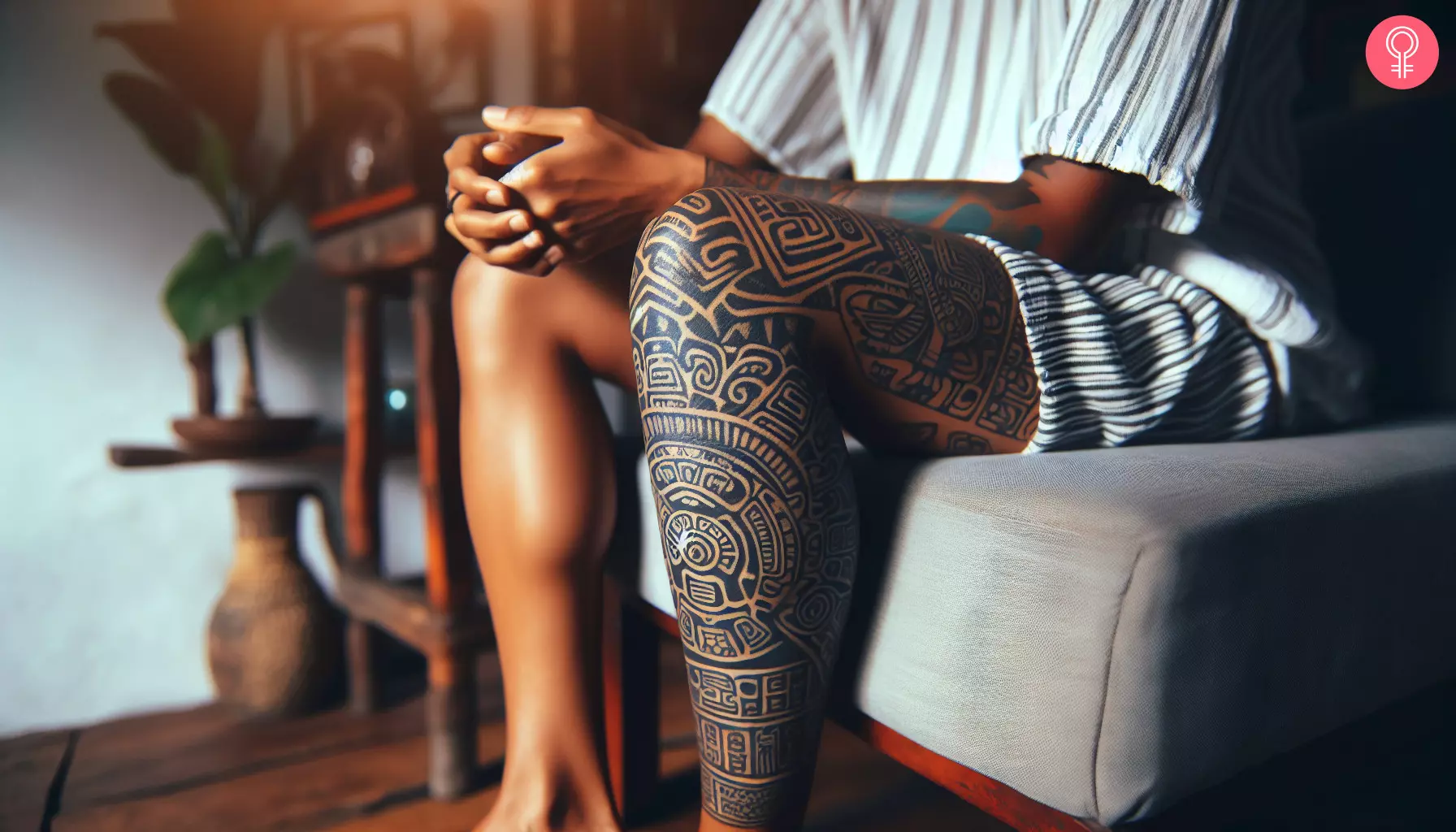 A Mayan leg sleeve tattoo 