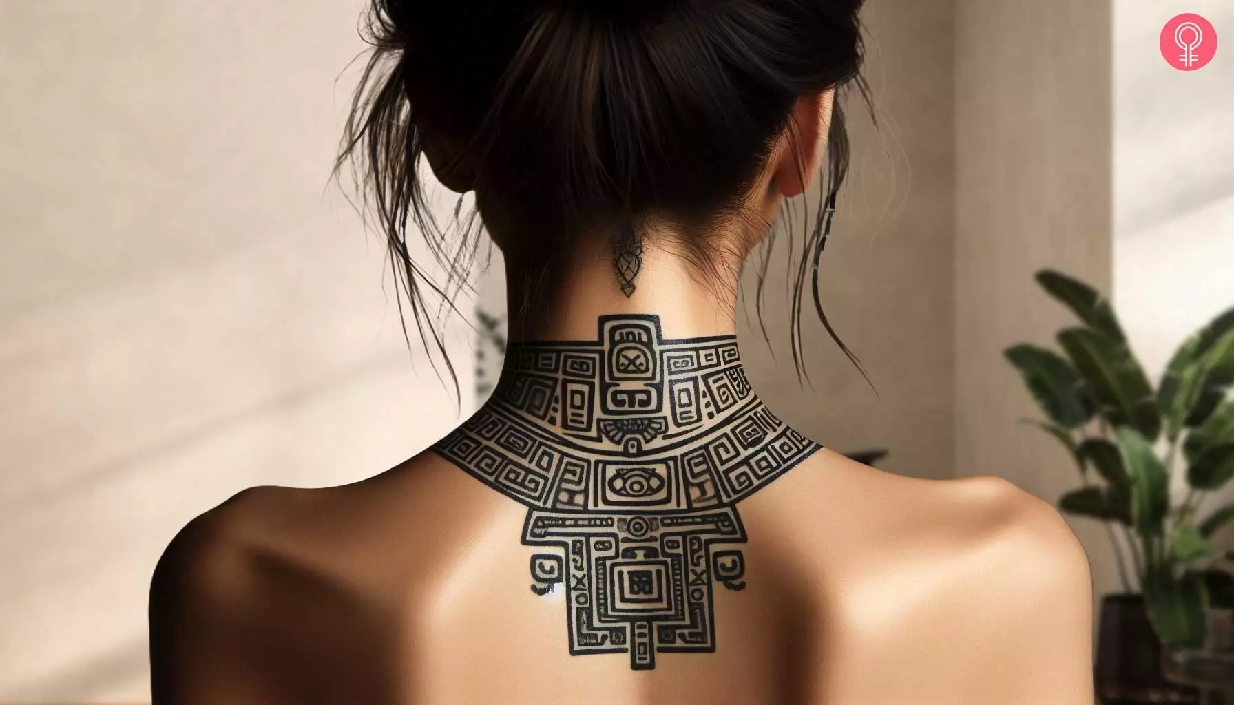 A Mayan necklace tattoo on a woman’s neck