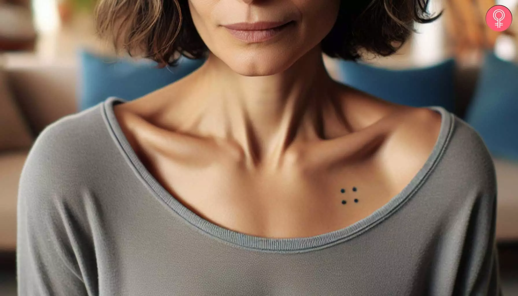 A Mayan numbers tattoo under a woman’s collarbone