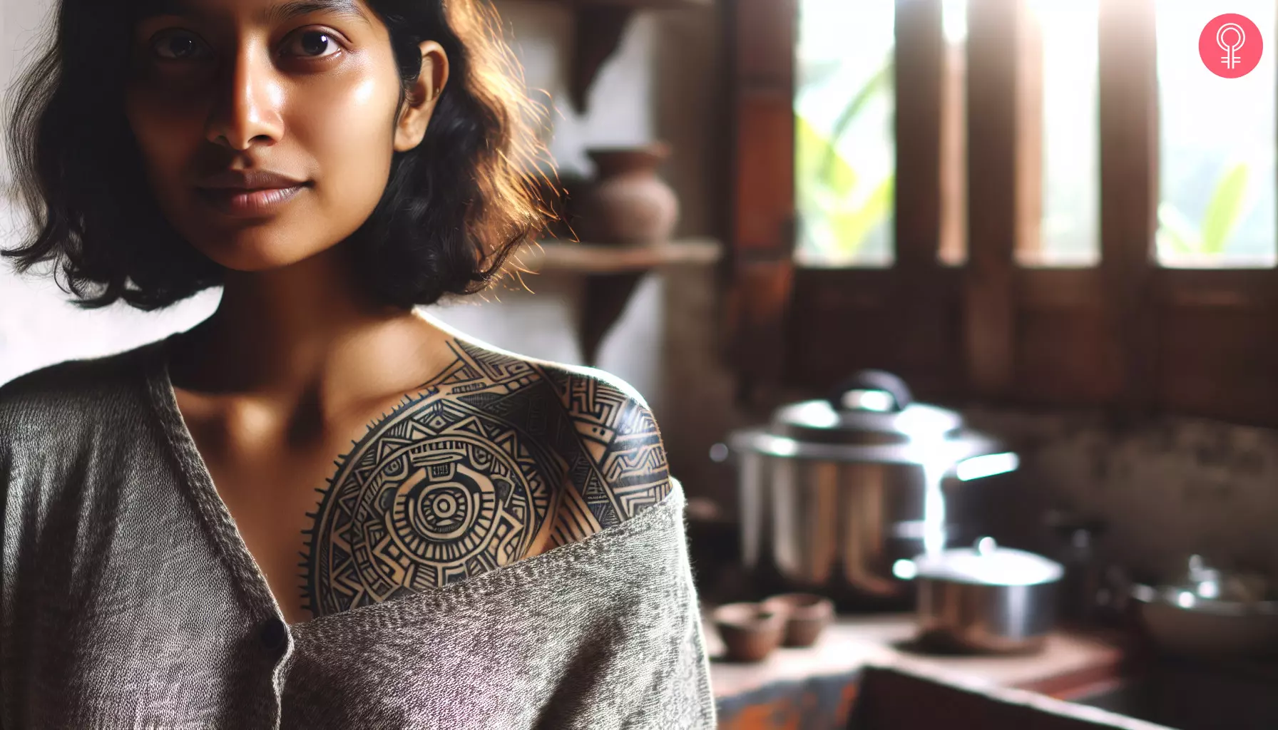 A Mayan tattoo on a woman’s shoulder