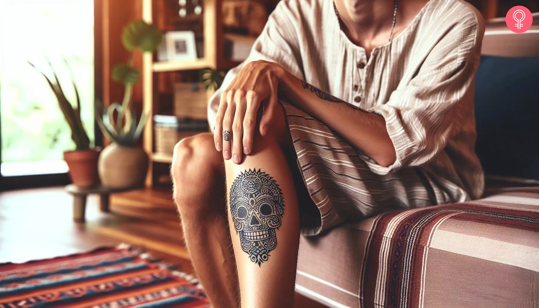 Mayan skull tattoo on a man’s leg