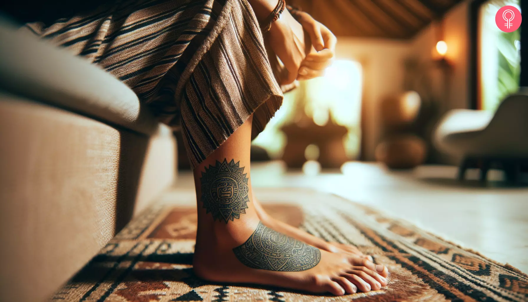 A Mayan sun symbol tattoo on a woman’s ankle