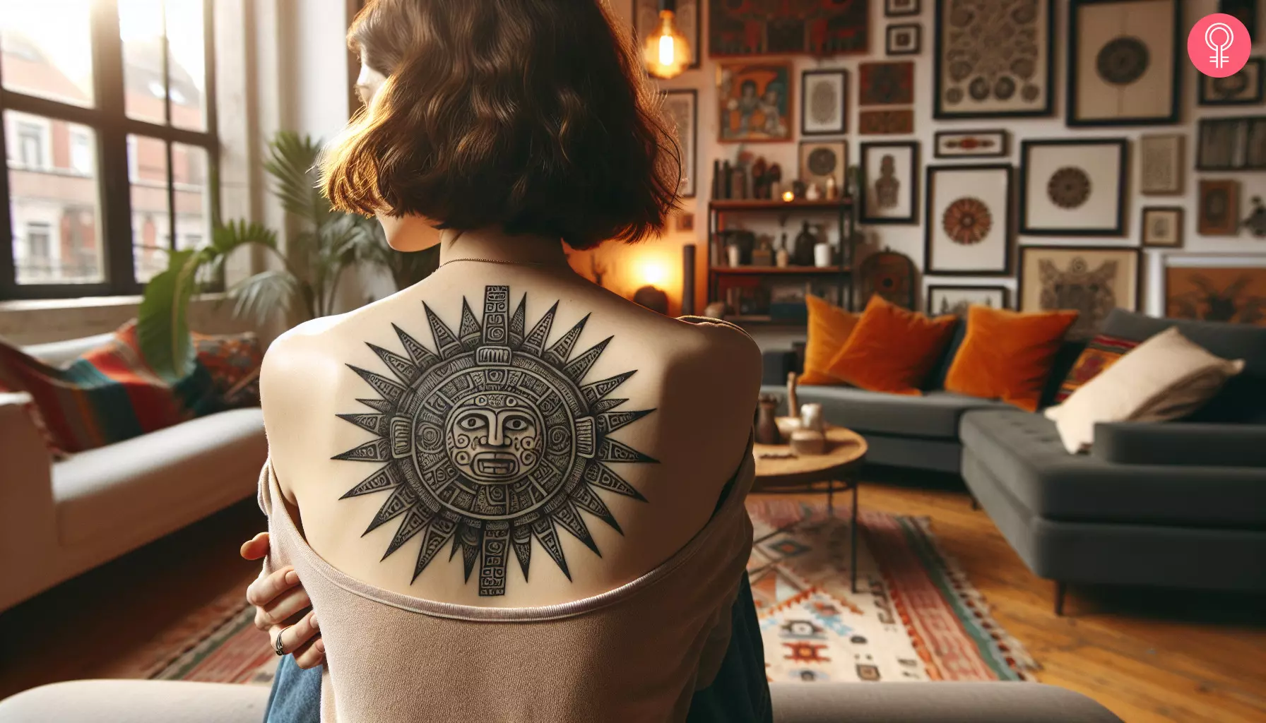 Mayan sun tattoo on a woman’s back