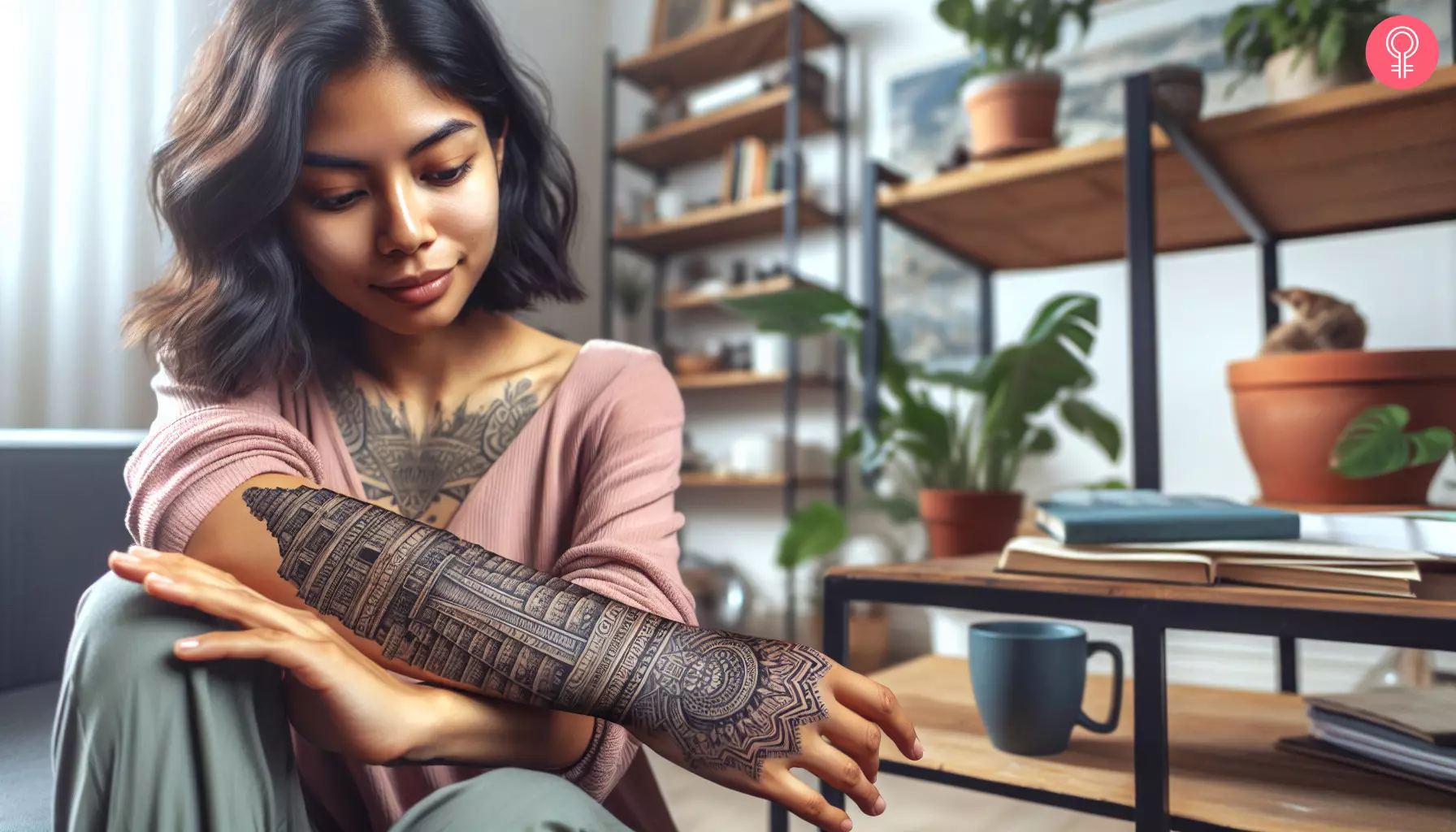 A Mayan temple tattoo on a woman’s arm