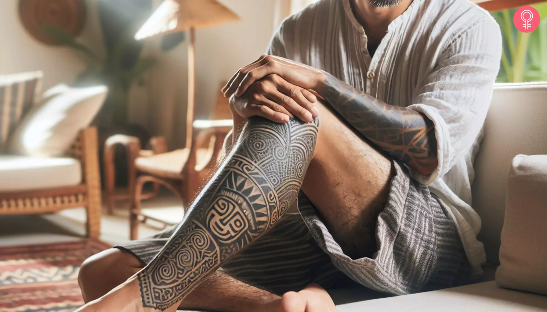 A Mayan tribal tattoo on a man’s leg