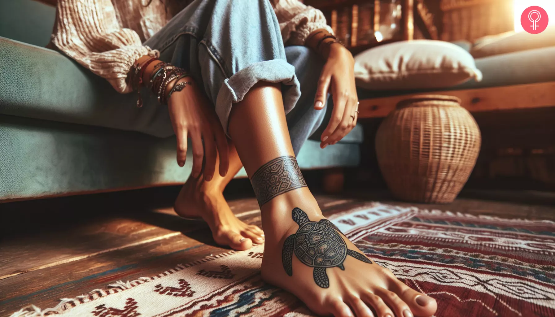 A Mayan turtle tattoo on a woman’s feet